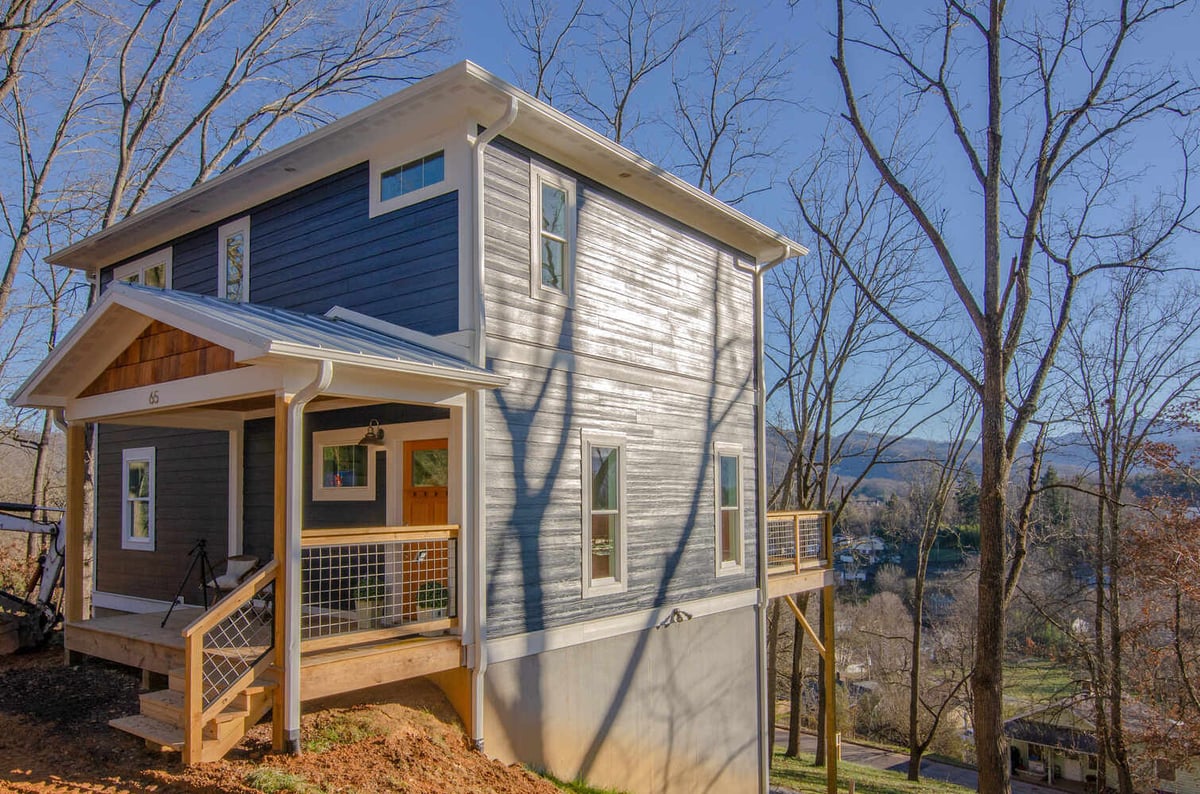 Kaizen Homes two-story design with mountain views and blue siding in Canton, NC