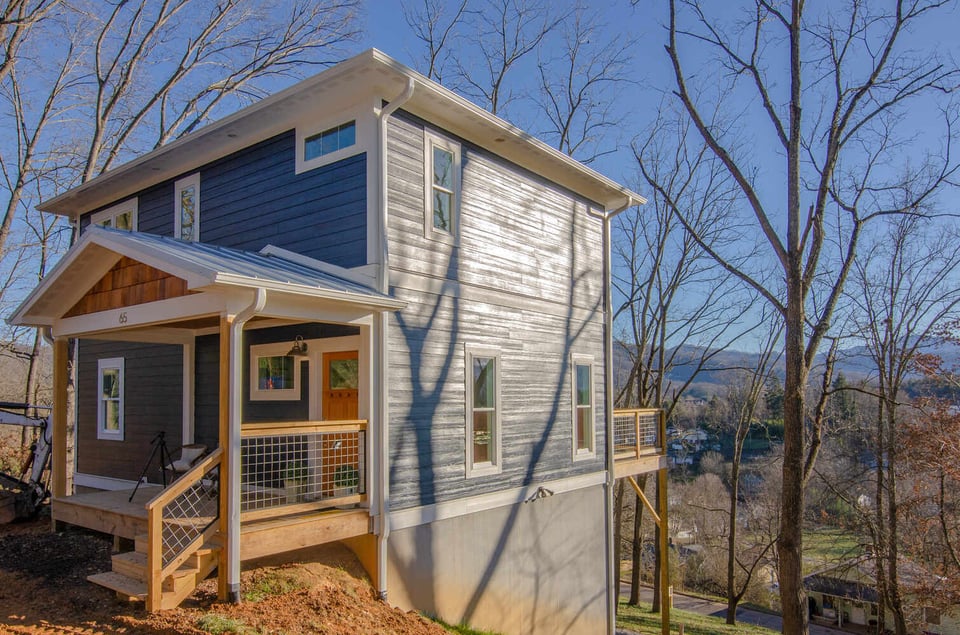 Kaizen Homes two-story design with mountain views and blue siding in Canton, NC
