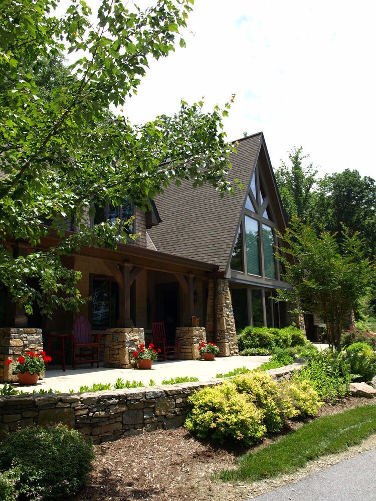 Front porch detail and landscaping at custom home by Kaizen Homes in Asheville, NC