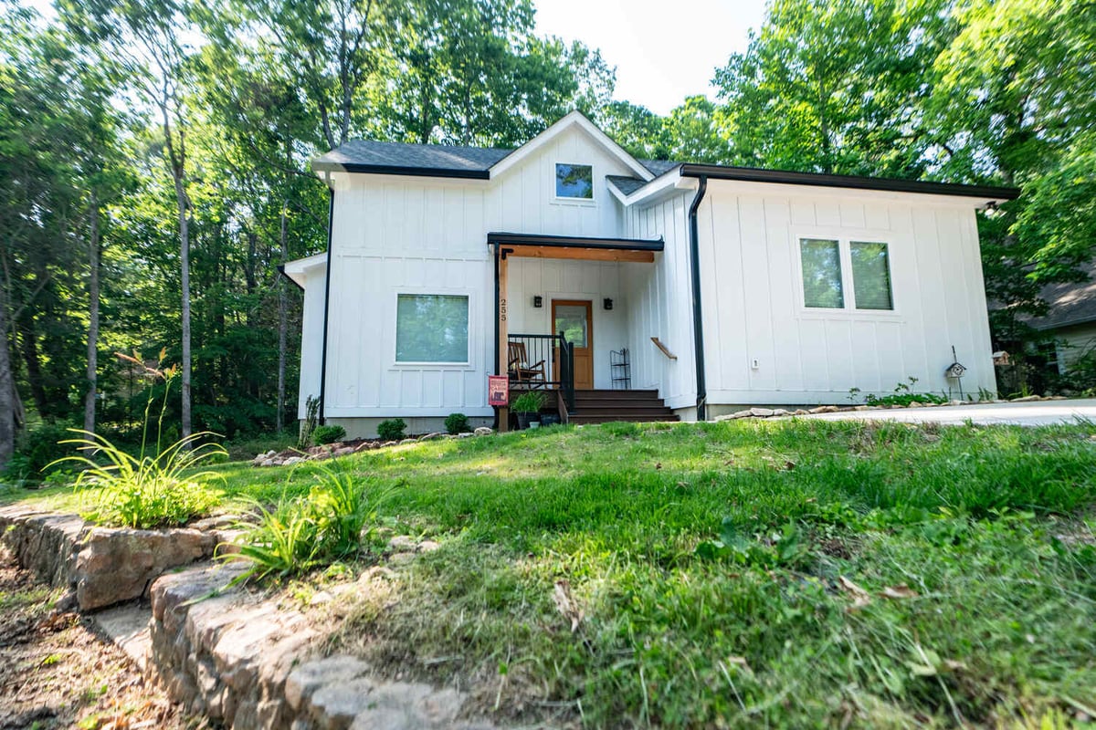 Entryway and front elevation of Kaizen Homes’ custom project in Black Mountain, NC