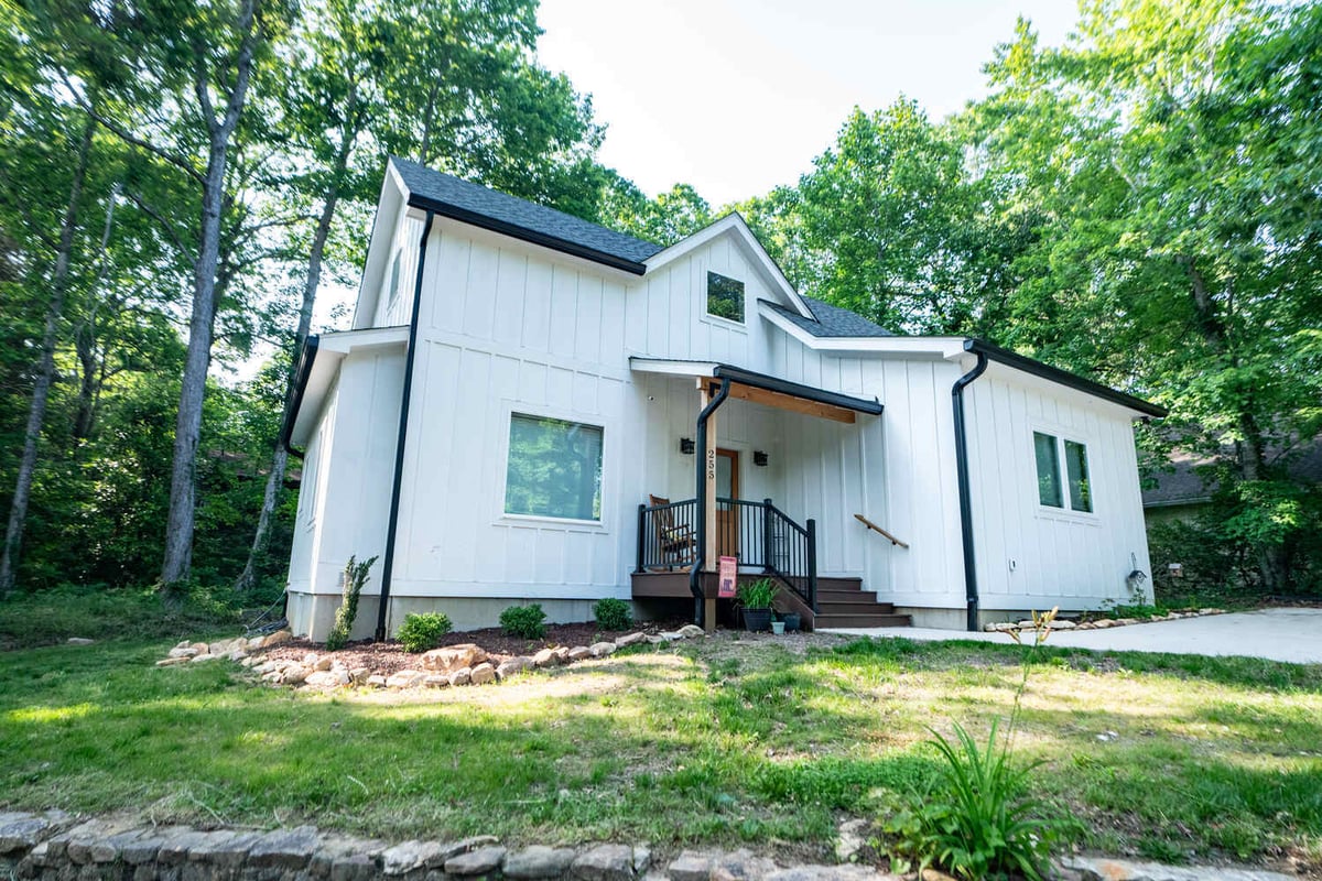 Stylish entryway and facade of Kaizen Homes custom residence in Black Mountain, NC