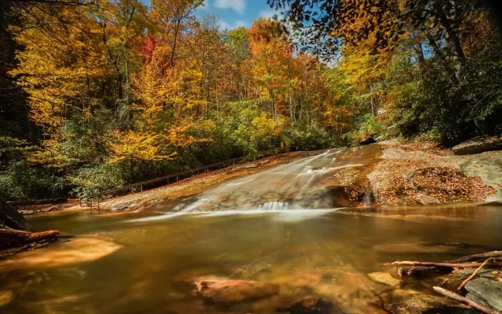 Photo of the French Broad River in Asheville in the autumn.
