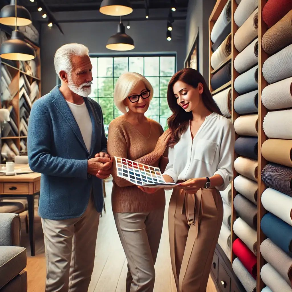 An interior designer helping a couple pick out design materials in a furniture store.