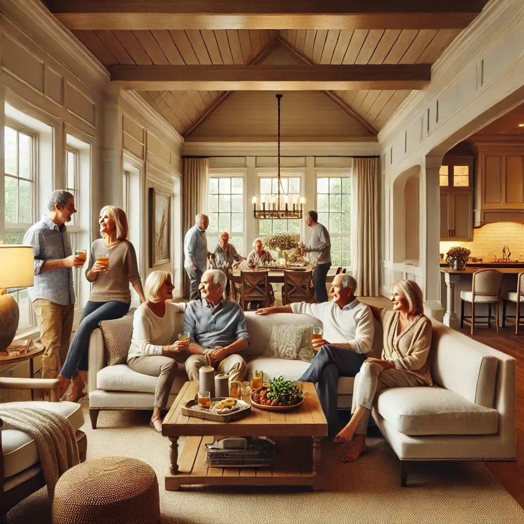 Friends and family gathered in a beautifully finished home. 