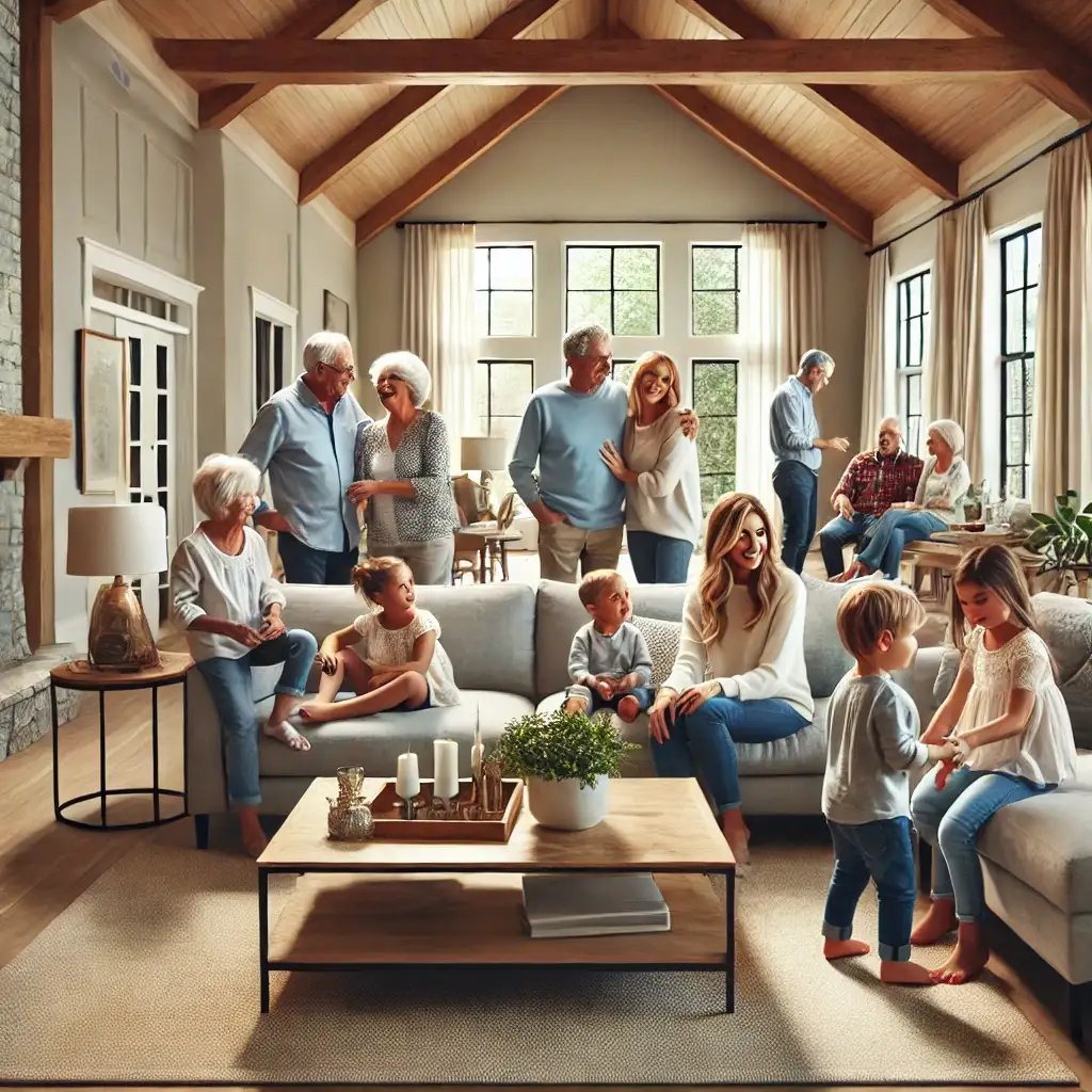 Multi-generational family gathered in a beautifully finished home, enjoying time together in a warm, inviting living room. 