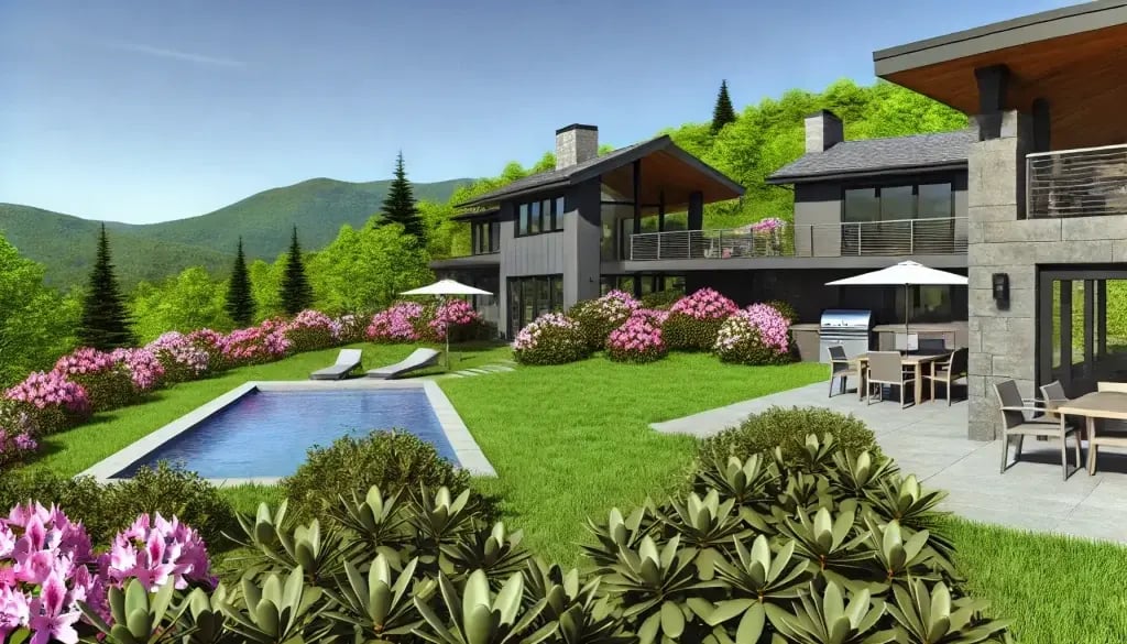 A view of the rear of a sprawling mountain modern home with a large inground pool, two outdoor seating areas, green manicured lawn, and bright flowering bushes surrounding the perimeter.