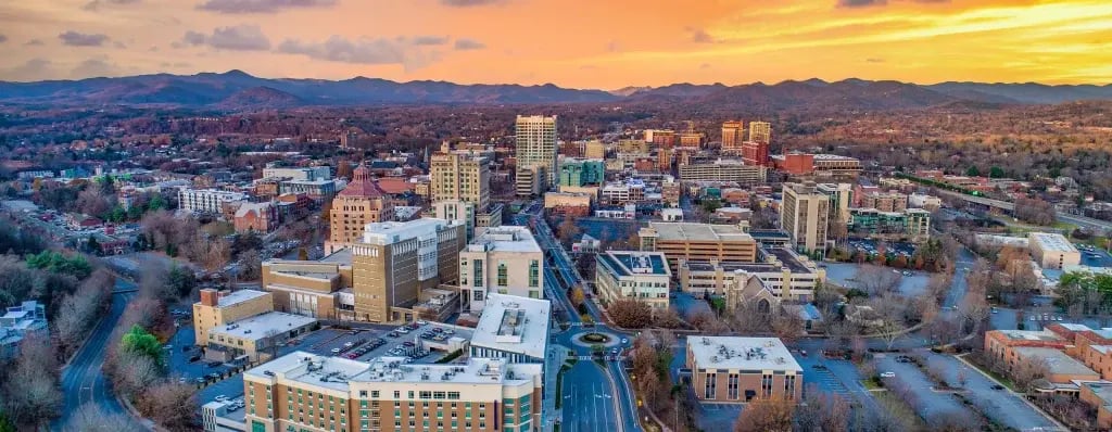 Arial view of the city of Asheville.