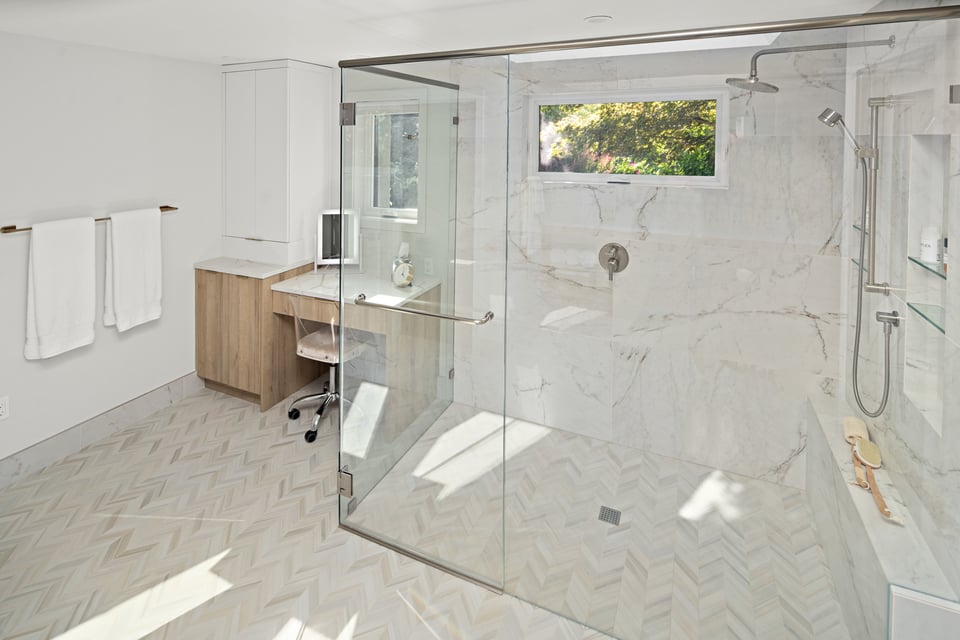 curbless shower with bench for an aging in place bathroom remodel in western north carolina